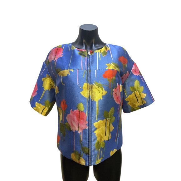 NWT Blumarine Floral Print Blue Short-Sleeve Zip-Front Jacket Size 4 - Picture 1 of 12